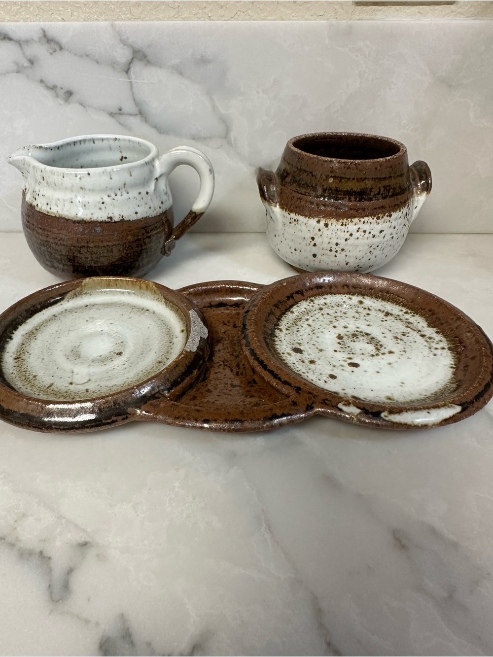 A vintage three-piece studio art pottery coffee/tea service set from the 70s.